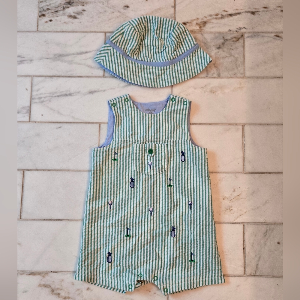 Little Me Green and White Striped Embroidered Golf Baby Romper With Hat